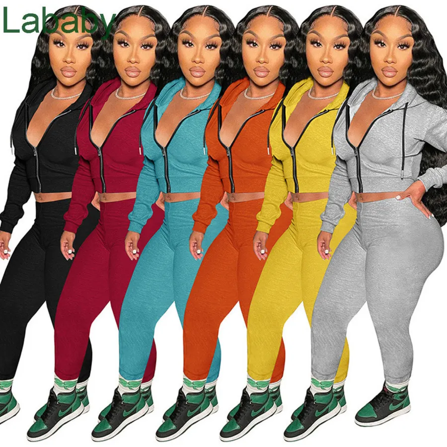 Women Tracksuits Two Piece Set Designer Long Sleeve Hooded Zipper Slim Fit Short Jacket Bodycon Sweatpant Active Female Outfits 6 Colours