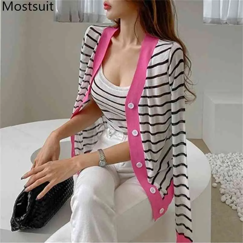 Summer Striped Knitted Cardigan With Vest Women Full Sleeve V-neck Single Breasted Sweater Korean Elegant Ladies Jumpers 210513