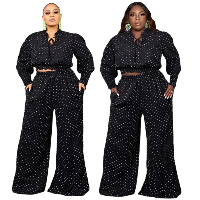Kadın Iki Parçalı Pantolon Sylph Rahat Kadınlar için Suits 2021 Moda Polka Dot Uzun Kollu ve Geniş Bacak Setleri Gevşek 2 Kıyafetler