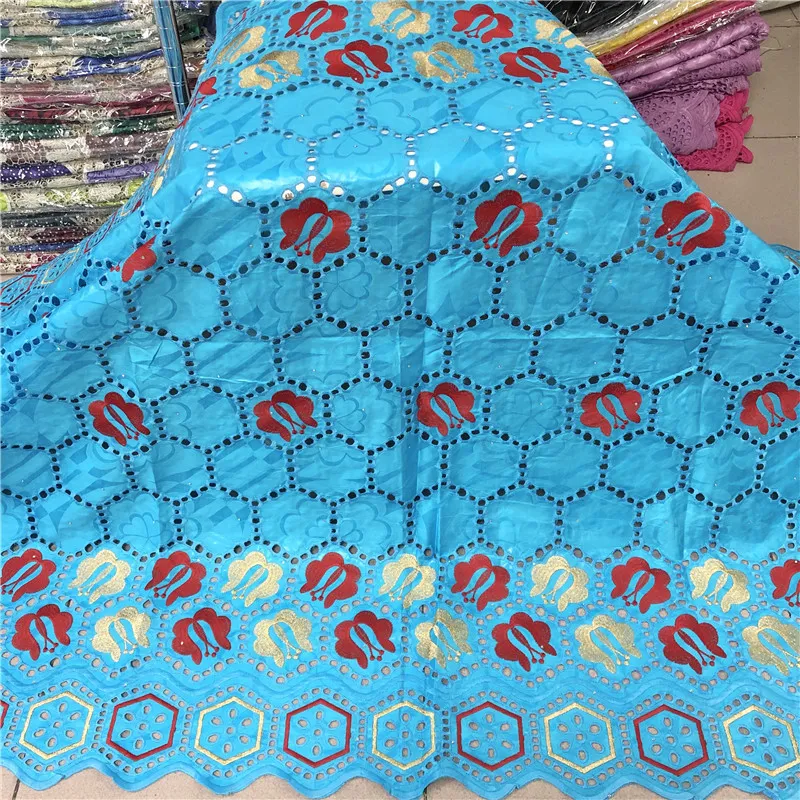 5Yards underbar himmelblå Bazin Brocade Lace Fabric Afrikansk bomullsmaterial Broderi för dressing PL71374