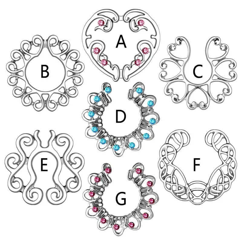 Otros 1 par de rosa plateado rosa/lago azul clip de gema redonda en anillo de pezón falso anillos no penetrantes joyería de cuerpo de escudo