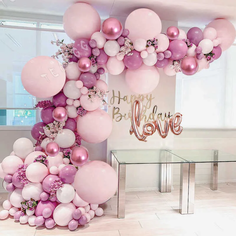 Diy Luftballons Girlande Bogen Retro Rosa Metall Rose Rot Global Für Geburtstag Hochzeit Jahrestag Party Dekoration Baby Dusche Mädchen 210626