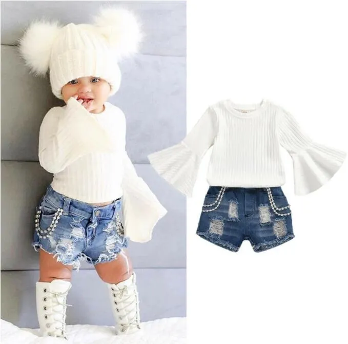 Kleinkind Baby Mädchen Kleidung Sets Einfarbig Flare Langarm Gestrickte Baumwolle Tops Zerrissene Denim Kurze Hosen 2Pcs Outfits set