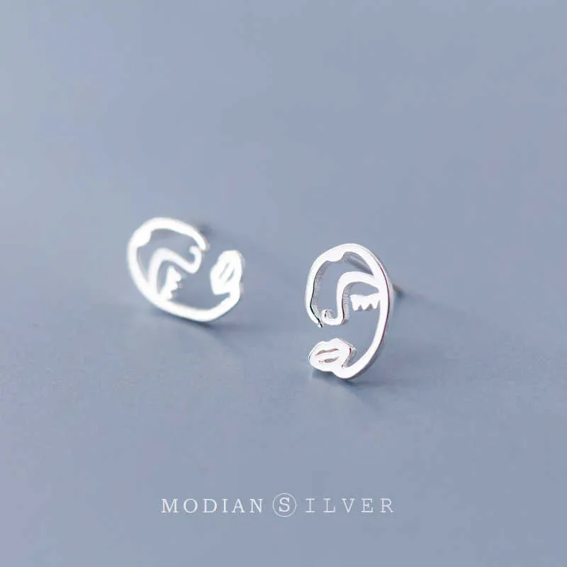 Streszczenie Design 925 Sterling Silver Face and Lips Line Stud Kolczyki dla kobiet Girllling - biżuteria 210707