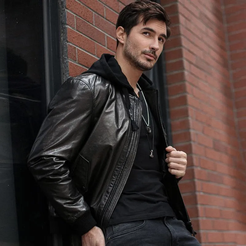 ご購入 メンズレザーファックスカジュアルフード付き爆撃機ジャケット 安い購入 短納期と品質 極美品 Word Careercenter Am