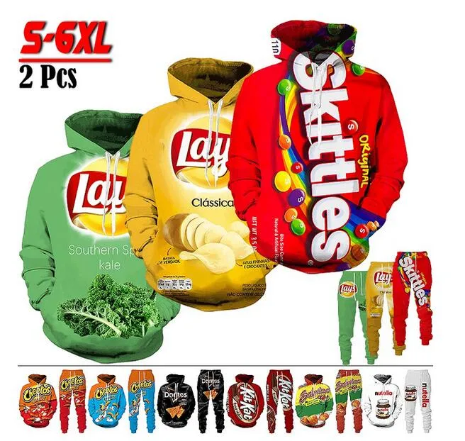 2022 새로운 남성/여성 스낵 칩 재미 있은 3D 인쇄 패션 Tracksuits 힙합 바지 + 후드 ok062