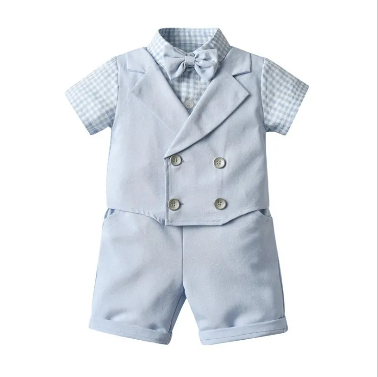 Conjunto de duas peças para bebé meninos cavalheiro estilo conjunto de roupas de verão camisa xadrez de manga curta com bowtie + shorts crianças ternos roupas para crianças