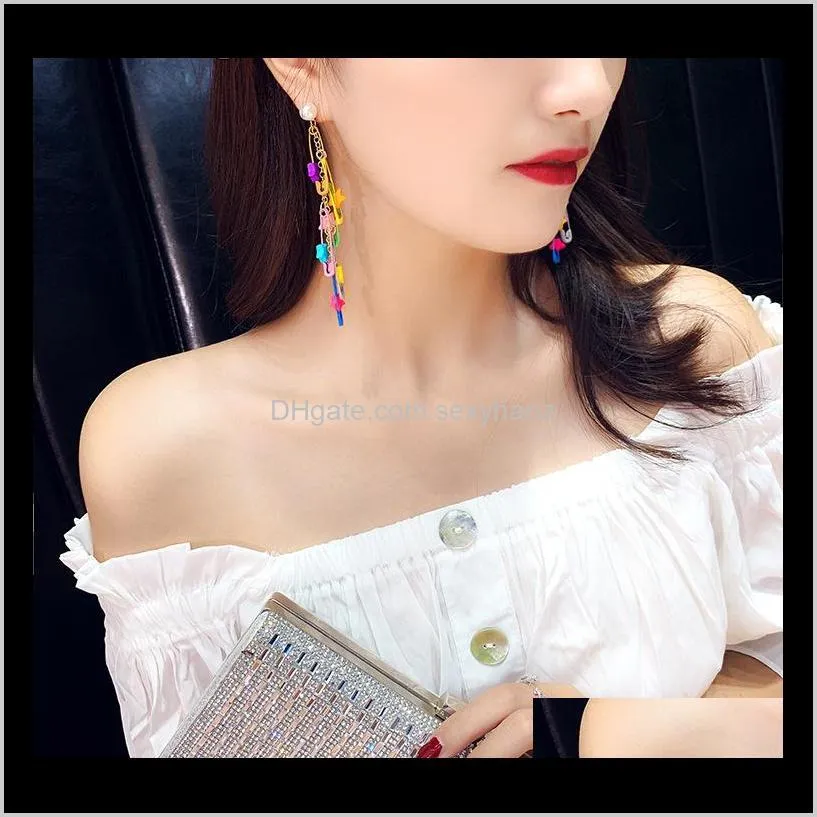 new colorful star tassel earrings paper clip pin spray paint pearl long eardrop designer earring ear studs for women jewelry gifts