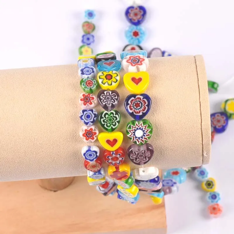 Other 8-12mm Mixed Heart Shape Flower Patterns Millefiori Glass Loose Beads Lampwork Crafts For Jewelry Making Ykl0848