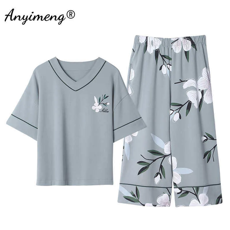 Plus Size Womens Pajamas M-5XL Algodão Sleepwear Lazer Casa Suits para Big Size Ladies Elegant Floral Impressão Womans Pajama 210622