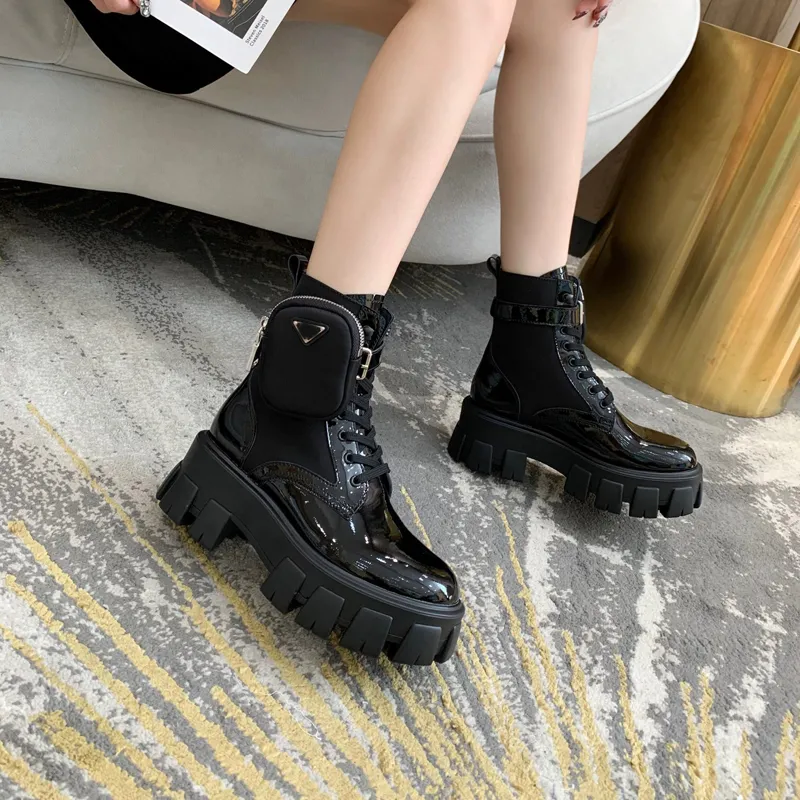 Paint Genuine Leather Nylon Pouch Women Ankle Combat Boots Platform Wedges Block Heels Flats Chunky booties Lace-Up Shoes Woman And Men Party Botas