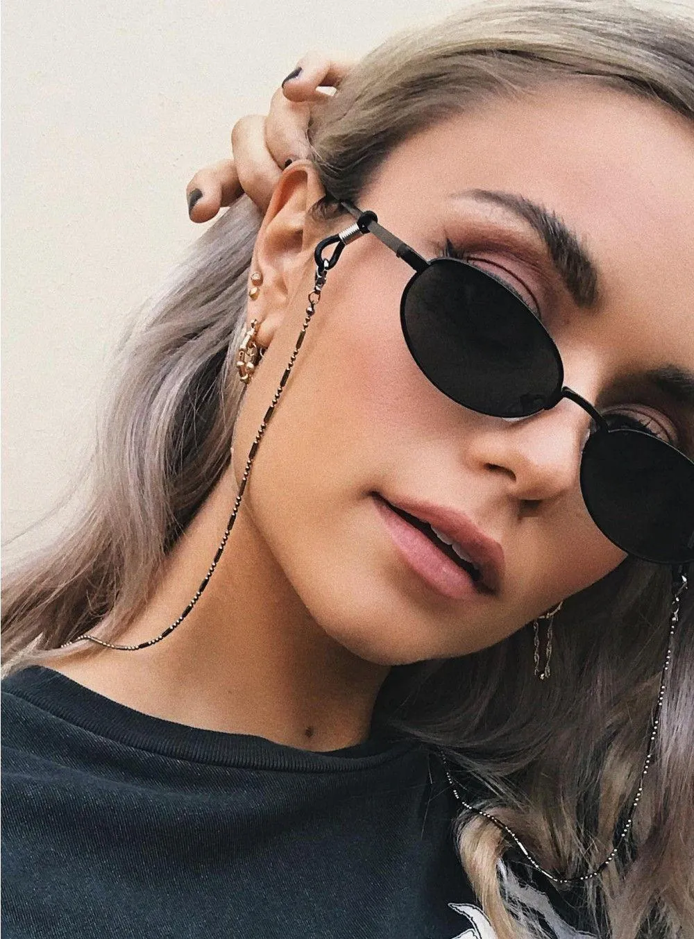 Minimalista estilo Balck Bead Óculos Óculos Ligação Óculos Corrente Mulheres Acessórios Sunglasses Hold Cordas