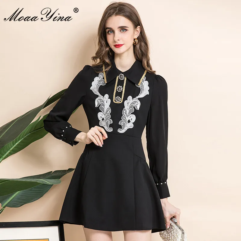 ファッションデザイナー夏の黒いドレスの女性のターンダウンカラー刺繍入り長袖ビンテージミニ210524