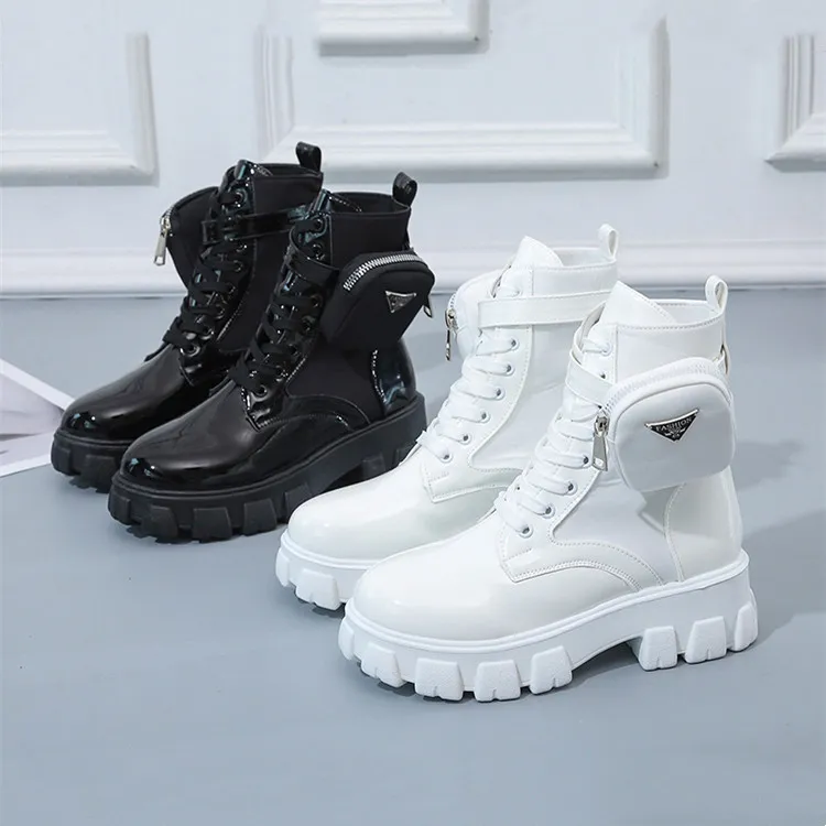 Botas de diseñador para mujer Zapatos de vestir Tacones de lujo Zapatos de goma de cuero de moda Nylon Martin Locomotora Bota de combate militar Zapatos de tacón alto