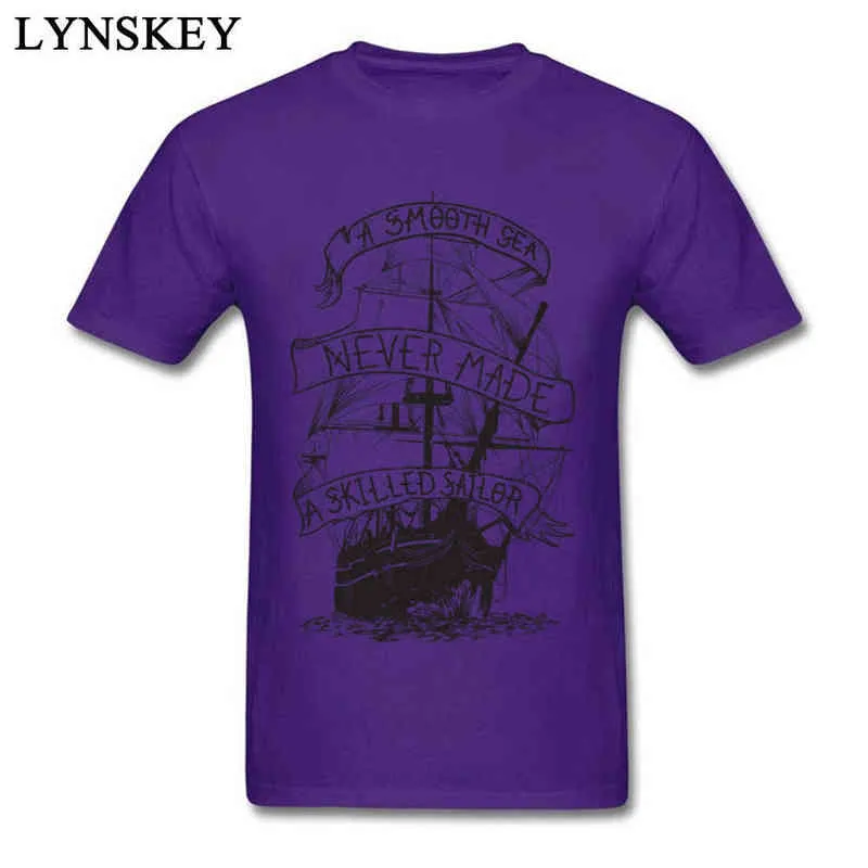 100% Cotton Male Short Sleeve Tops Shirts Printed On Leisure Summer/Autumn T-Shirt Summer Retro O Neck Tee-Shirt Top Quality A smooth sea never made a skilled sailor purple