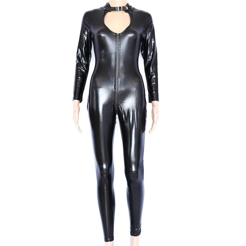 Macacões femininos macacões macacão feminino preto molhado olhar falso vinil catsuit zíper para virilha látex longo bodysuit halloween catwomen sexy l