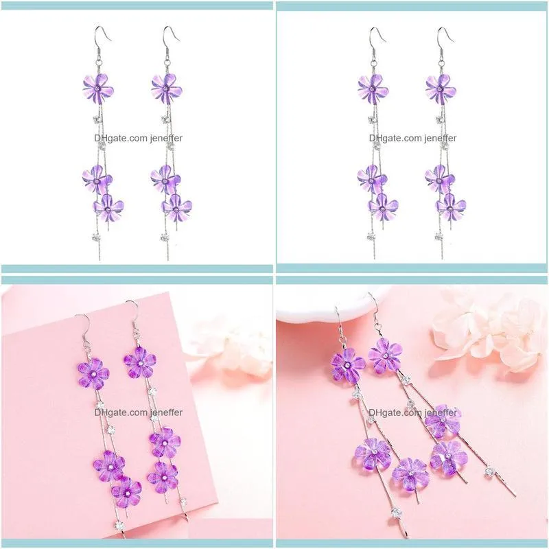 bamboo VINTAGE women`s fashion purple Chain flower EARRINGS 925 silver four claw long tassel earhook