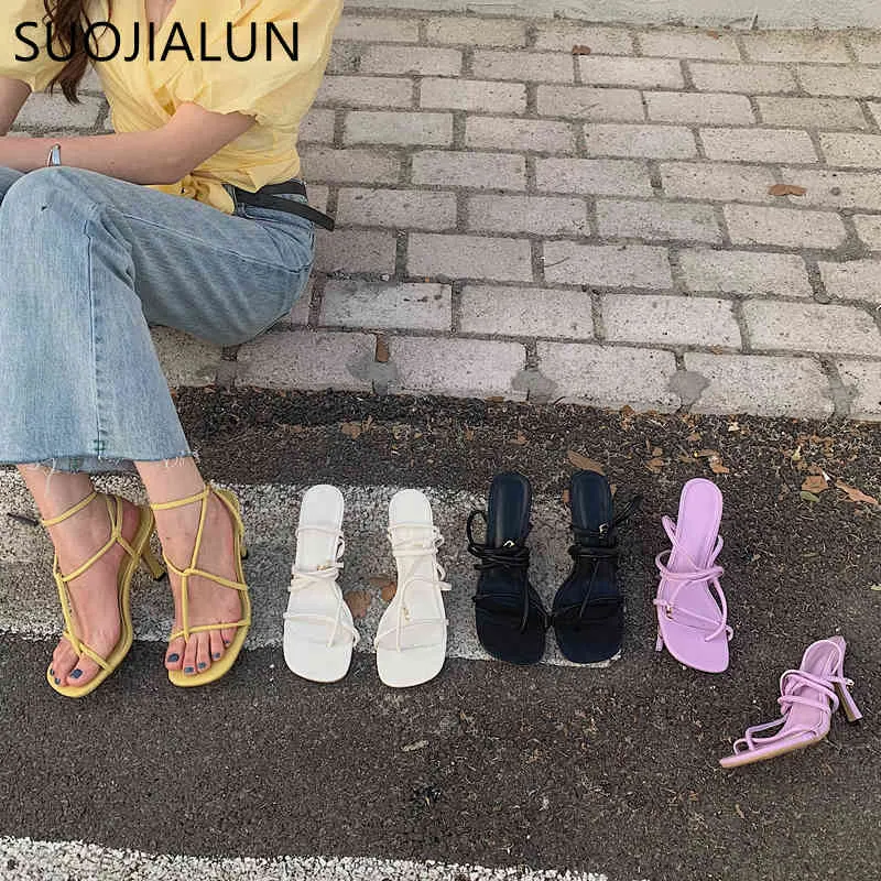 SUOJIALUN 2021 New Brand Narrow Band Women Gladiator Sandals Thin High Heel Ankle Buckle Strap Dress Sandal Shoes Open Toe Slide C0330