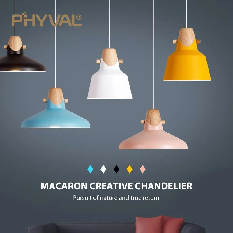 Lampes suspendues nordiques couleur Macaron lampes en bois massif à tête unique créatives abat-jour en alliage d'aluminium éclairage intérieur à la maison 220V E27