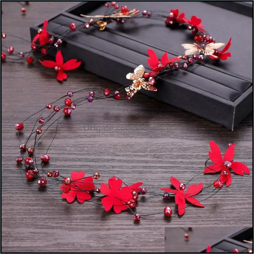 Hair Clips & Barrettes Red Butterfly Flower Barrette Tassel Band Festive Diamante Headband Bride Dress Accessories MAEA99