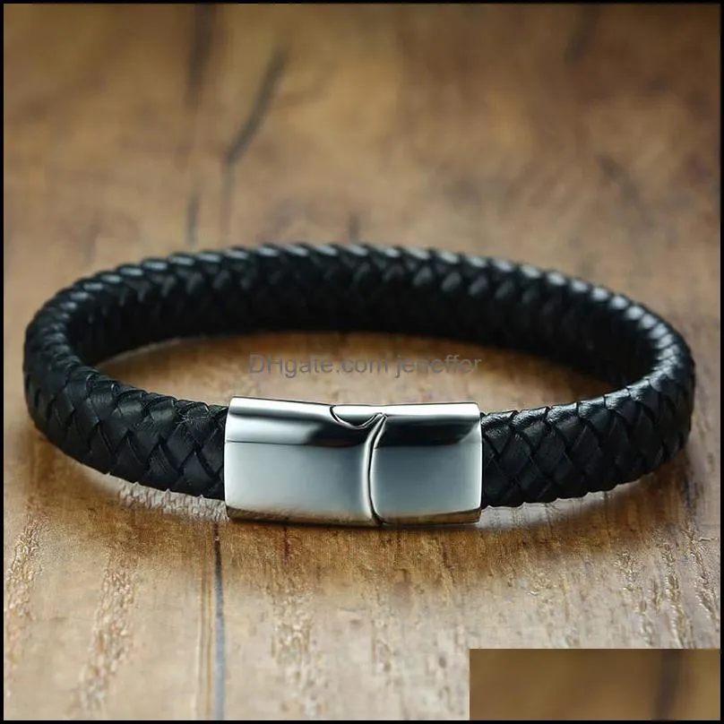 Magnetic Clap Snap Leather Bracelets Men Black Color Cool Fashion Terndy Stainless Steel Link, Chain