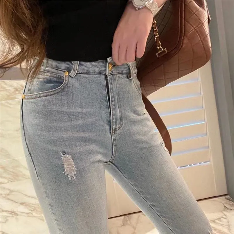 Womens Casual Jeans Slim Pants with Logo Zipper Button Decoration Comfortable Breathable Pants Outdoor Wear158w