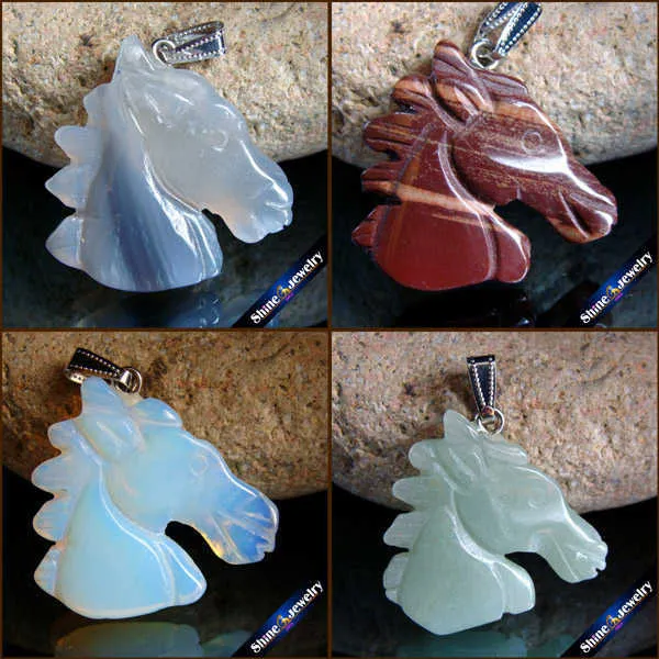 Real Natural Stone Hand Carved Horse Head Amulet Lucky Men Pendant Halsband Fashion Animal Agates Crystal Smycken Pärlor 1pcs