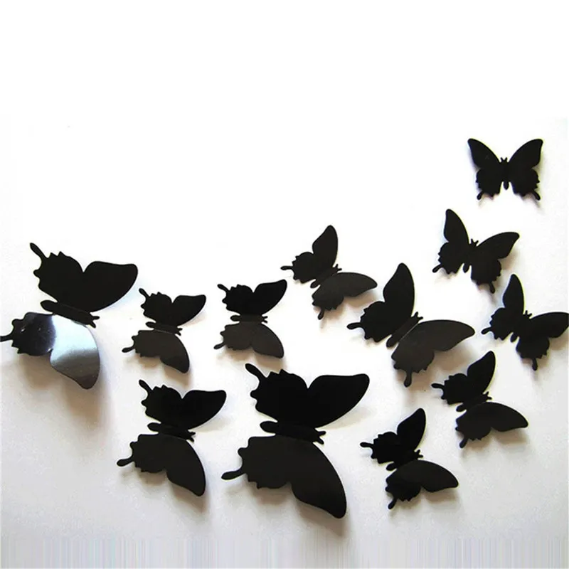 12 pcs borboleta preta adesivos de parede 3d diy pvc adesivo borboletas home decoração para paredes de casamento paredes decalques decoração