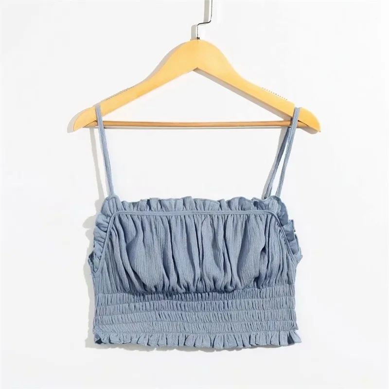 H.sa kvinnor sexiga pläterade ruffles spaghetti band blus damer solid färg chic tröja femininas sling skjortor märke toppar 210417