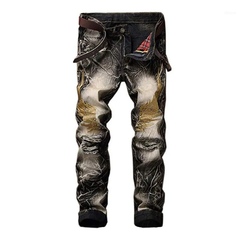 Jeans masculinos hemiks 3d bordado asa rasgado fino fit cônico calças pernas de moto moda motociclista de moda skinny trousers1