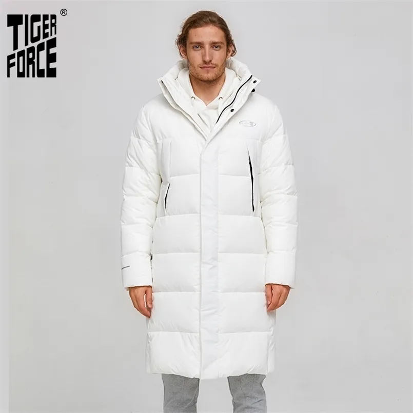 Tiger Force Winter Jacket dla mężczyzn Długi Biały Ciepły Płaszcz Mężczyzna Buffy Kurtka Męskie Kurtki Z Kapturem Czarny Zipper Wiatroodporny Płaszcz 211216
