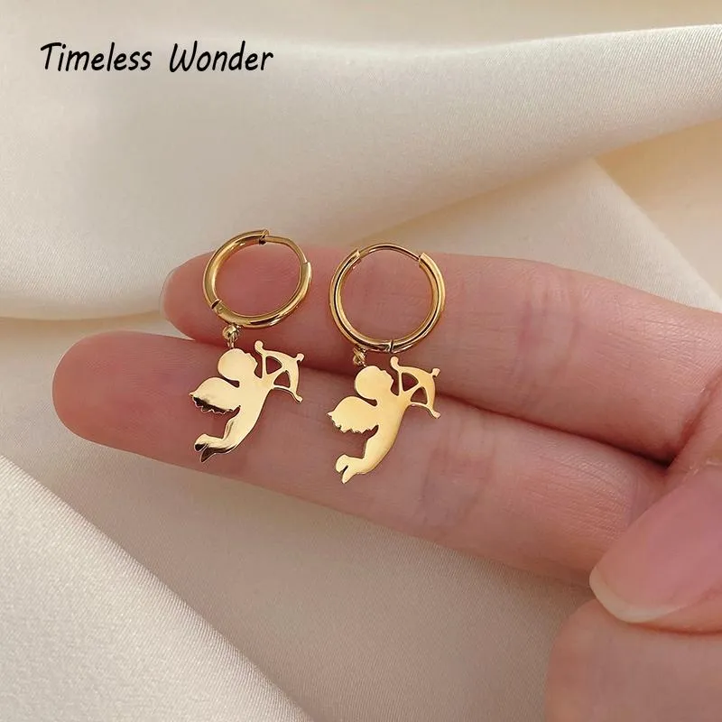 Timeless Wonder Titanium Cupid Hoop Earrings Women Jewelry Designer Ins Fancy Trendy Hiphop Statement Figure Rare Lovely 1147 & Huggie