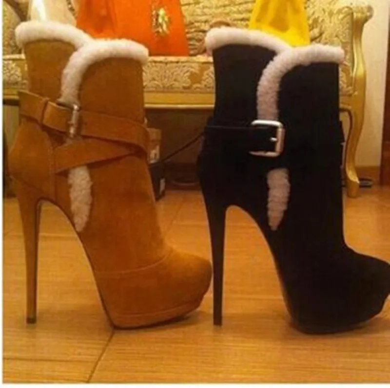 手作りの女性スティレットハイヒールのブーツマンマードファーの暖かい大きいサイズ35-47パージーの足首のブーティクリスマスイブニングファッションの冬の靴D697