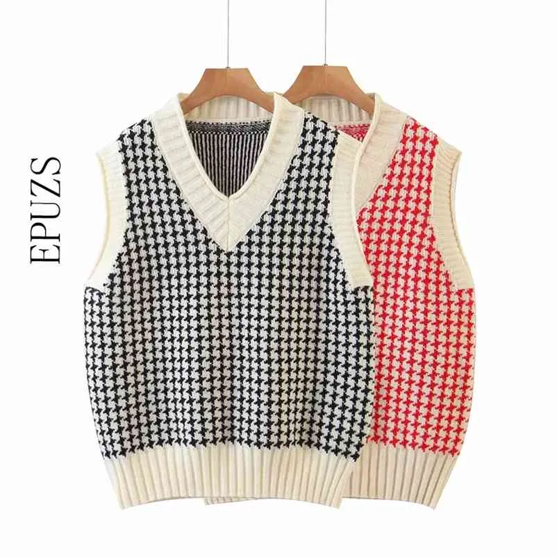 Vintage Ärmlös Plaid Sweater Kvinnor V Halsband Streetwear Winter Vest Tops Casual Korean 210521