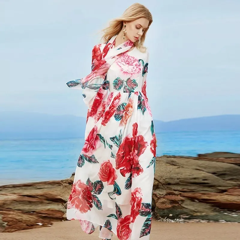 chinese dress ladies Green Honolulu Flowers Long Sleeve Maxi Dress  FARM Rio