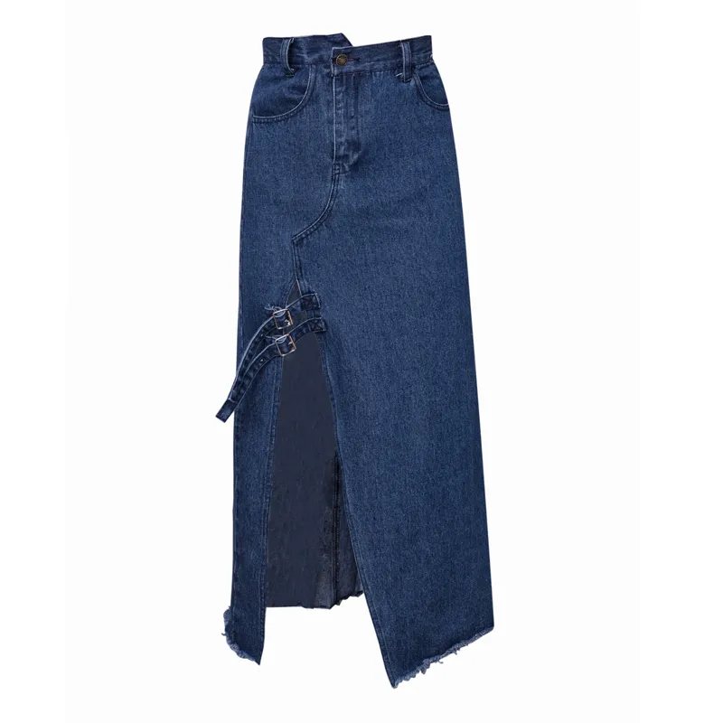 Blue Denim Asymmetrical Sexy Split Midi Skirt High Street Empire Button Pocket A-line Bag Hip Summer S0259 210514