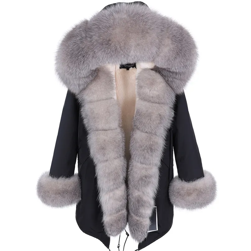 マウモココン自然の本物の毛皮の襟コート女性の革のジャケット冬の服を着た爆撃機のジャケットパーカーパッドドーコート長い211018