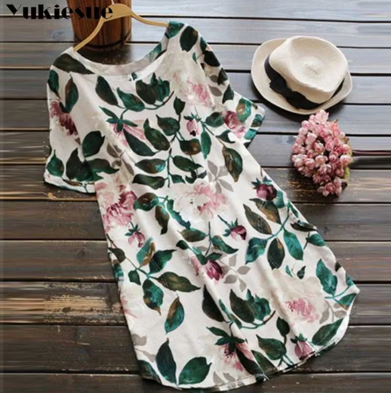 Letnia sukienka Kobiety Regulowany Kwiat Rękaw Drukowane Długie Top Luźne Bawełniane Vestidos Boho Beach Mini plus rozmiar 210608