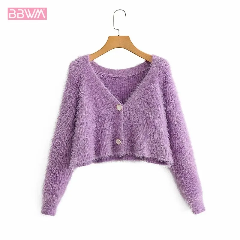 Sexy V-neck Long Sleeve Short Mohair Knit Women's Sweater Korean Style Loose Single Breasted Sweet Chic Female Coat 210507