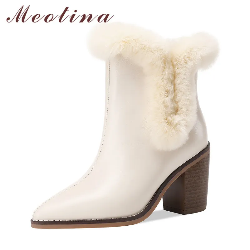 Meotina Ankle Boots Women Shoes Real Leather High Heel Lady Boots Pointed Toe Chunky Heels Warm Short Boots Winter Beige Black 210520