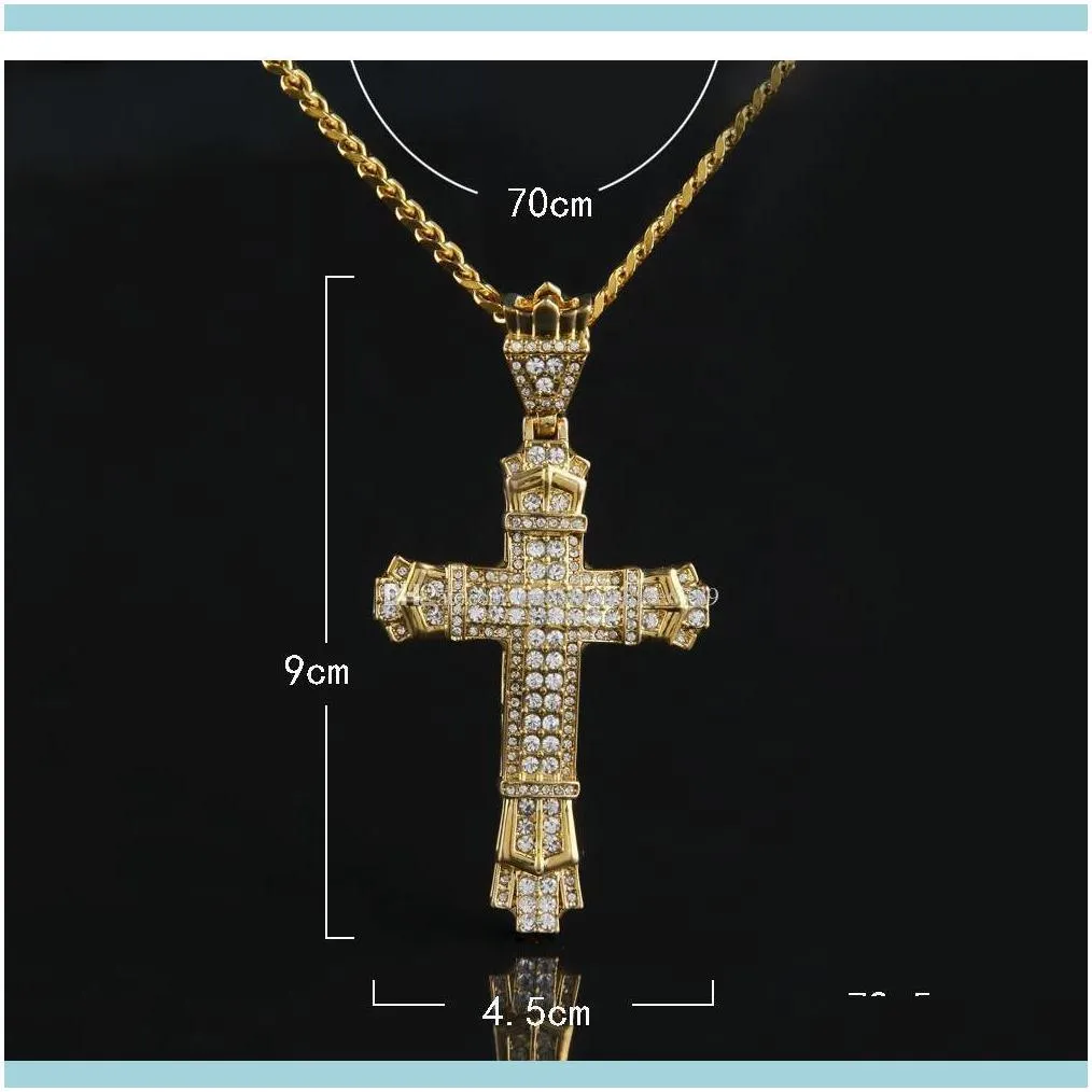 Silver Hip Hop Cross Charm Pendant Full Ice Out Cz Simulated Diamonds Catholic Crucifix Christian Pendant Necklace With Long Cuban