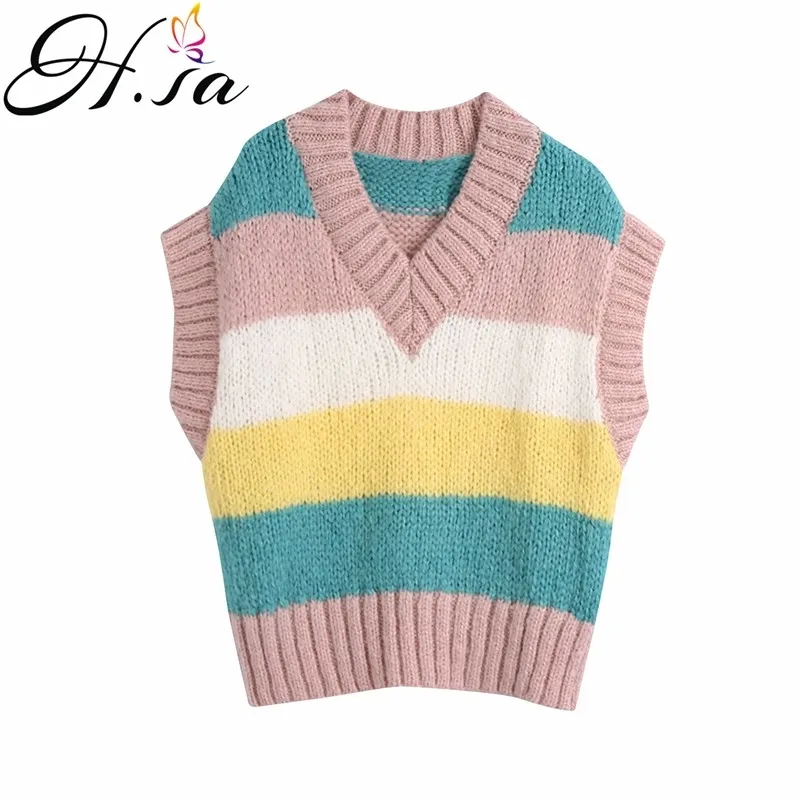 H.SA Vår och Pullovers Ärmlös Färgglada Striped Stickad Vest V Neck Rainbow Sweater Jumpers för Kvinna 210417