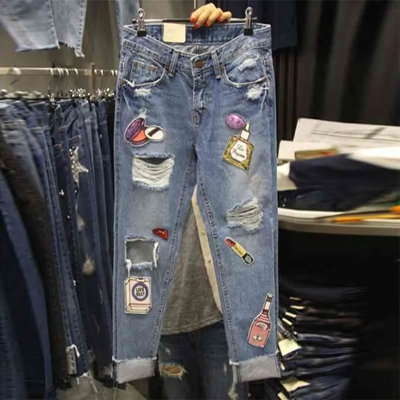 I lager Koreanska Stil Höst Mode Kvinnors Sequin Hole Denim Byxor Tjejer Studenter Streetwear Trousers Jeans A3542 210730