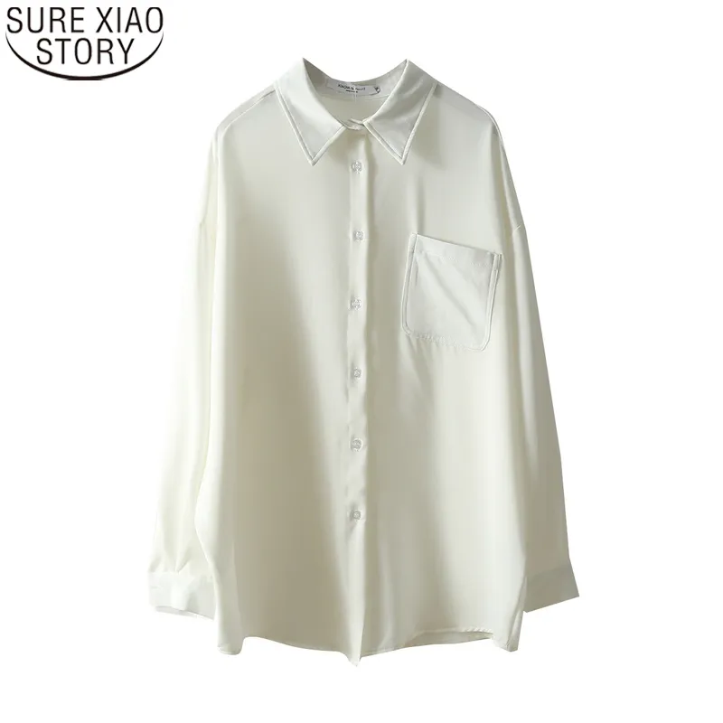 Koreańska luźna długi bluzka jesień biura pani solidna koszula polo kołnierz odzież damska shirty bluzki 11307 210417