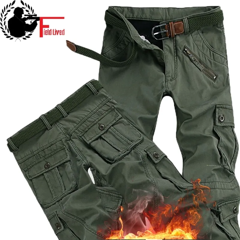 Vinter varma fleece byxor mens tjocka chinos lastbyxor många ficka baggiga arbete militära overalls manliga byxor män kläder 210518