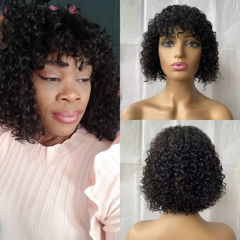 Curly Human Hair Peruansk Short Bob Wig With Bangs Glueless Full Machine Made Remy Wigs 150% Density No Spets