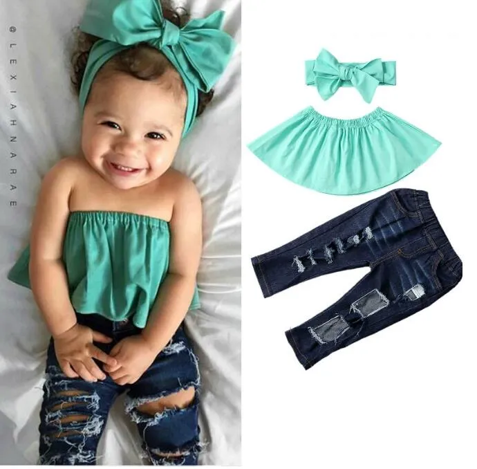 Baby Girls Clothes Set 2021 Summer Kids Ruffle Cropped Tube Tops +Ripped Denim Pant Jeans 3PCS Fashion Children Outfits