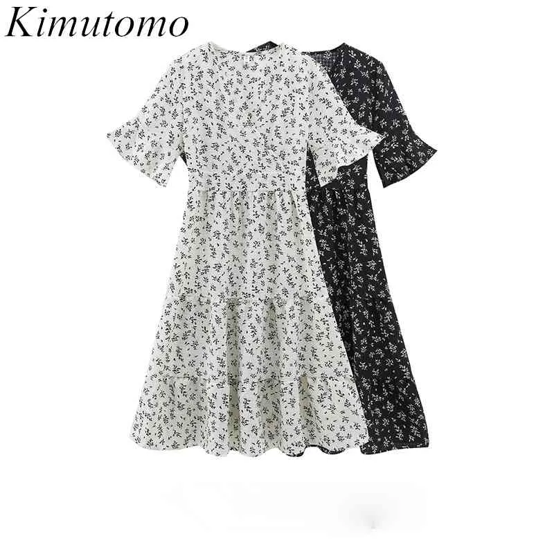 Kimutomo Doce Vestido Floral Verão Estilo Francês Elegante V-Neck Curto Flare Sleeves Emagrecimento Cintura Alta Chiffon Vestidos Moda 210521