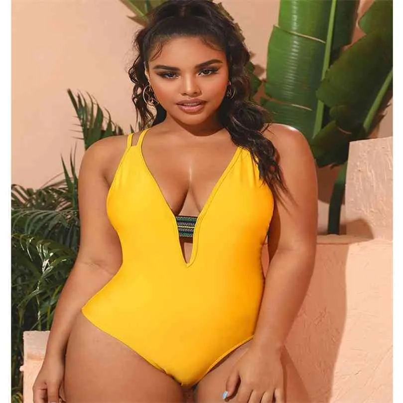 Sexy Dance Women Color Stitching Bikini Monokinis Swimsuit Oversized  One-piece Swimming Suit Plus Size Beachwear Bathing Suit Halter V Neck  Swimwear Yellow XXL 