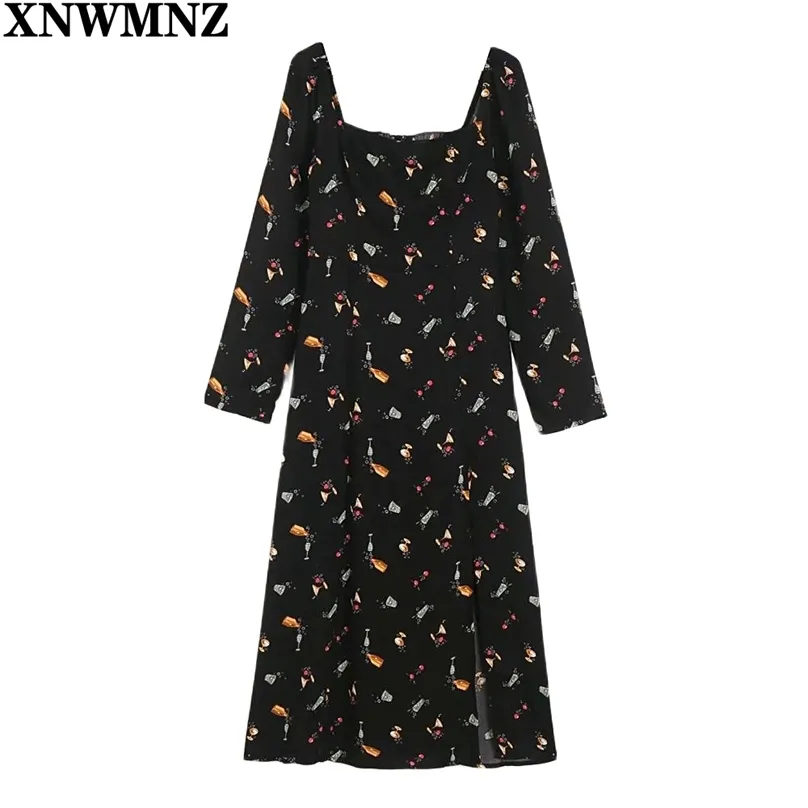 Elegante abito longuette nero a maniche lunghe da donna Primavera Cartoon Fruit Print Split Dress Summer France Chiffon Vestido 210520